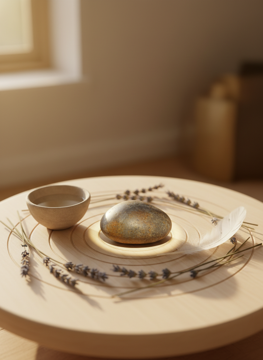 A smooth, river-polished stone resting at the center of a low, circular altar made of pale maple wood, carved with subtle spiral patterns suggesting the flow of energy through the body. Around the stone lie dried lavender sprigs, a small clay bowl of water, and a single white feather. Soft morning light filters in from an unseen window, casting elongated, gentle shadows and a luminous halo on the stone’s surface. Photographic realism, shot at eye level with a shallow depth of field so the background dissolves into a creamy blur of warm neutral tones. The atmosphere is serene, contemplative, and sophisticated, evoking the sense of remembering an ancient inner wisdom.