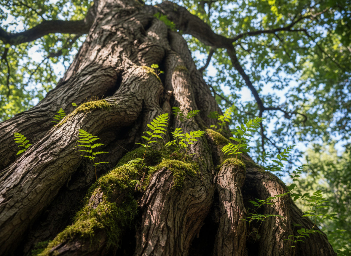 A close-up scene of a large, ancient tree trunk with deeply furrowed bark, its surface partially covered in vibrant emerald moss and tiny ferns emerging from crevices, representing the body’s innate capacity to heal. Sunlight filters through a forest canopy, scattering dappled light and soft, moving shadows across the textured bark. Photographic realism with a slightly low, upward angle that allows glimpses of soft-focus branches and sky above, creating a sense of vertical expansion. The composition follows the rule of thirds, guiding the eye along the natural lines of the tree’s form. The atmosphere is grounding, sacred, and quietly powerful, evoking somatic remembrance and the deep intelligence stored within the body’s layers, like rings in the tree.