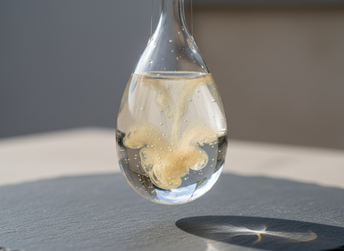 A delicate, hand-blown glass vessel partially filled with clear water, suspended by thin, nearly invisible wires above a dark, textured slate surface. Inside the water, a swirl of pale gold pigment slowly unfurls, like embodied awareness spreading through the nervous system. Diffused, overcast daylight from above creates soft reflections on the glass and intricate refractions on the slate below. Photographic realism with a centered composition and close-up macro focus, highlighting the fine air bubbles and subtle ripples in the water. The mood is meditative and refined, hinting at the sacred intelligence within the body as it responds and reorganizes. Background elements remain understated, in cool greys and soft beiges, to keep the focus on the vessel’s quiet transformation.