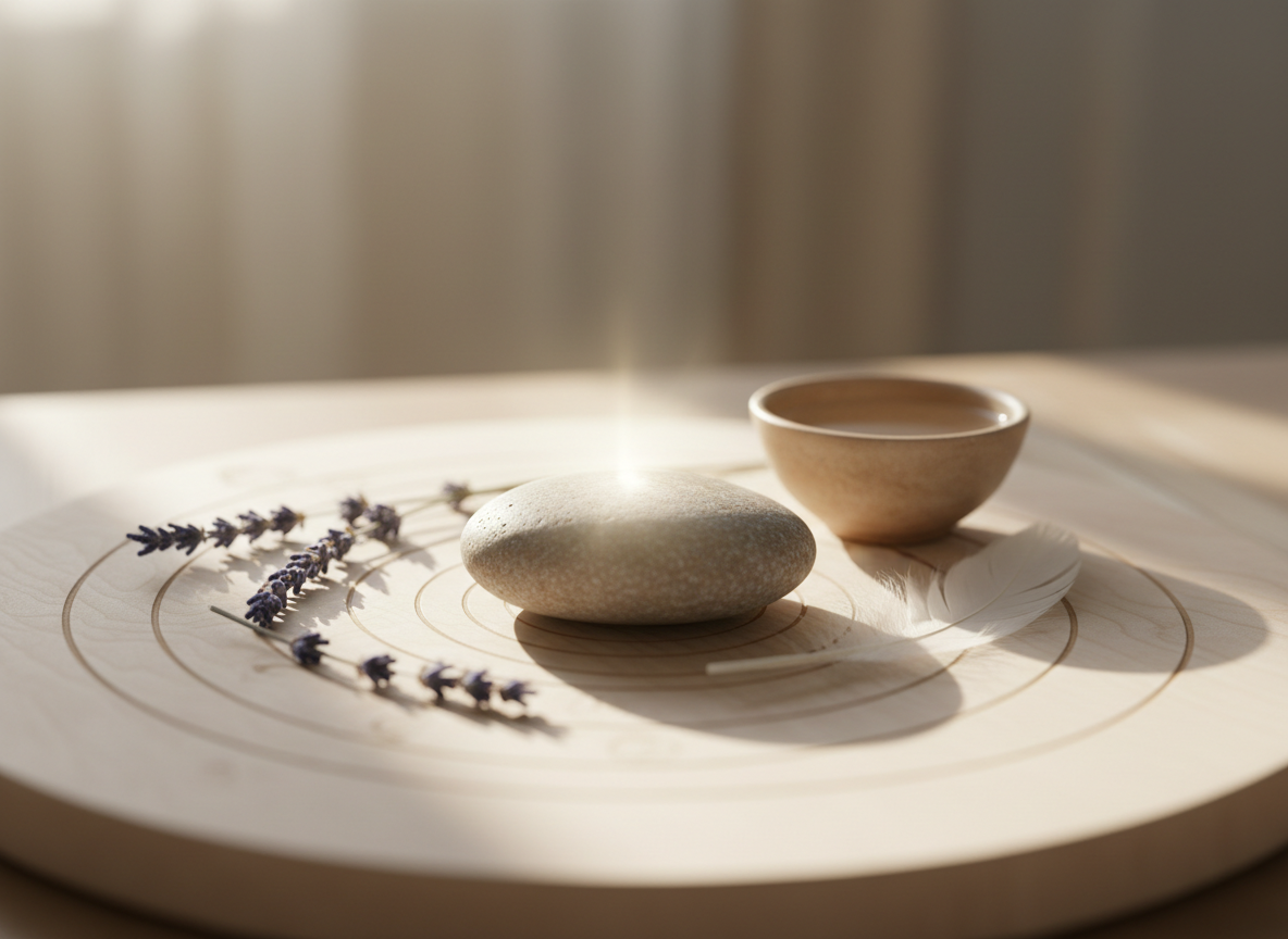A smooth, river-polished stone resting at the center of a low, circular altar made of pale maple wood, carved with subtle spiral patterns suggesting the flow of energy through the body. Around the stone lie dried lavender sprigs, a small clay bowl of water, and a single white feather. Soft morning light filters in from an unseen window, casting elongated, gentle shadows and a luminous halo on the stone’s surface. Photographic realism, shot at eye level with a shallow depth of field so the background dissolves into a creamy blur of warm neutral tones. The atmosphere is serene, contemplative, and sophisticated, evoking the sense of remembering an ancient inner wisdom.