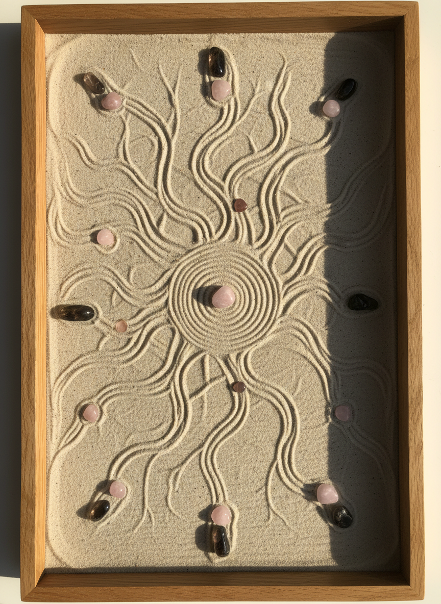 An abstract top-down view of a sand garden arranged on a wide, shallow oak tray, the grains meticulously raked into spiraling patterns that echo the shape of a human nervous system branching outward from a central core. Small polished stones of rose quartz and smoky quartz are placed at key junctions, symbolizing points of somatic awareness. Late afternoon golden light grazes the surface, intensifying the contrast between ridges and grooves and casting delicate, elongated shadows. Photographic realism, captured from a bird’s-eye view with sharp focus throughout to emphasize intricate textures. The mood is calm, grounded, and sophisticated, suggesting the re-patterning and gentle unwinding that occurs through somatic healing practices.
