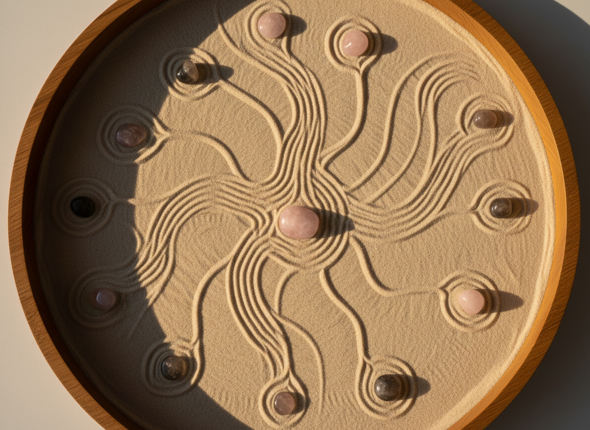 An abstract top-down view of a sand garden arranged on a wide, shallow oak tray, the grains meticulously raked into spiraling patterns that echo the shape of a human nervous system branching outward from a central core. Small polished stones of rose quartz and smoky quartz are placed at key junctions, symbolizing points of somatic awareness. Late afternoon golden light grazes the surface, intensifying the contrast between ridges and grooves and casting delicate, elongated shadows. Photographic realism, captured from a bird’s-eye view with sharp focus throughout to emphasize intricate textures. The mood is calm, grounded, and sophisticated, suggesting the re-patterning and gentle unwinding that occurs through somatic healing practices.