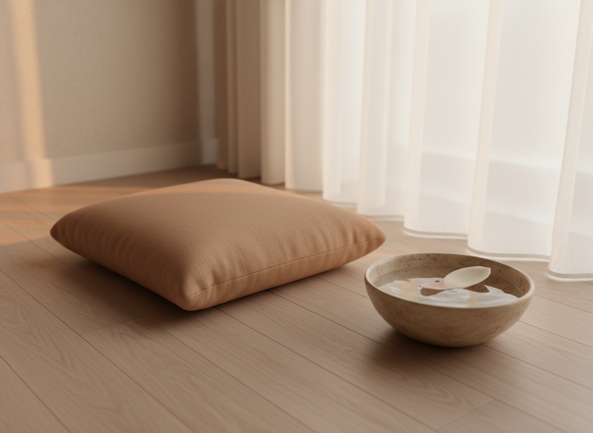 A minimalist meditation corner featuring a low linen cushion in muted sandstone tones placed on a smooth, light ash wood floor, beside a gently curving earthenware bowl filled with clear water and a single floating magnolia petal. Sheer, ivory curtains billow slightly from a barely perceptible breeze, softening the edges of the space. Early evening light enters from the left, creating a warm, diffused glow and subtle reflections on the water’s surface. Photographic realism at a slightly elevated angle with a shallow depth of field, the foreground elements in sharp detail while the background dissolves into a soft blur of neutral walls. The mood is tranquil, introspective, and refined, evoking a sanctuary for somatic presence and inner listening.