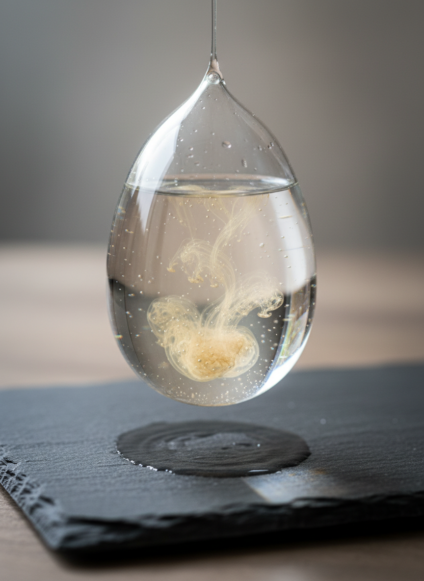 A delicate, hand-blown glass vessel partially filled with clear water, suspended by thin, nearly invisible wires above a dark, textured slate surface. Inside the water, a swirl of pale gold pigment slowly unfurls, like embodied awareness spreading through the nervous system. Diffused, overcast daylight from above creates soft reflections on the glass and intricate refractions on the slate below. Photographic realism with a centered composition and close-up macro focus, highlighting the fine air bubbles and subtle ripples in the water. The mood is meditative and refined, hinting at the sacred intelligence within the body as it responds and reorganizes. Background elements remain understated, in cool greys and soft beiges, to keep the focus on the vessel’s quiet transformation.
