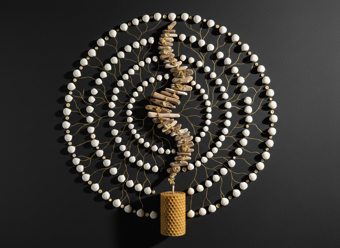 A sophisticated, abstract representation of the human body’s energy field using natural objects arranged on a matte charcoal background: slender driftwood pieces curve gently like a spine, while concentric circles of tiny white shells radiate outward, intersected by delicate lines of gold leaf that suggest neural pathways and energetic flow. A single, unlit beeswax candle sits near the base, its smooth, warm-toned surface adding a focal point. Side lighting from the right creates dramatic, sculptural shadows and subtle glints on the gold leaf. Photographic realism with a wide, overhead composition and crisp focus that captures every texture and contour. The mood is mystical yet grounded, inviting contemplation of the sacred intelligence woven through the body and its subtle anatomy.